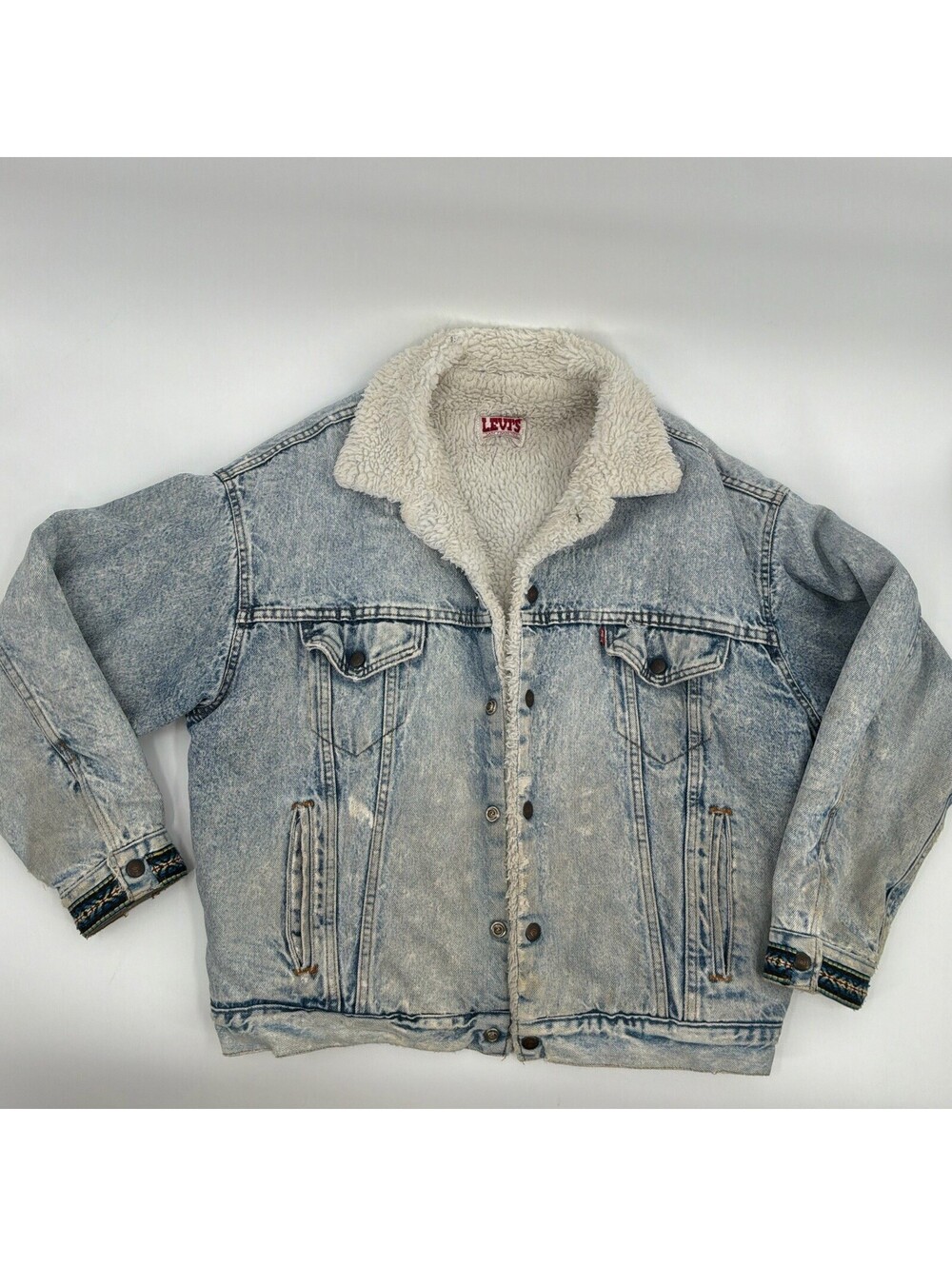 Levi’s 1980 Vintage Sherpa Lined Acid Wash Denim Jacket Men’s L Aztec Cuff Style